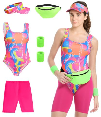 TobWeaL 80er Jahre Outfit Damen 90er Jahre Workout KostüM - Retro 80er Jahre Stil füR Halloween Karneval Cosplay KostüM