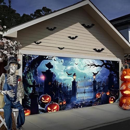 Decorazione per striscioni per porte da garage di Halloween, grande murale in poliestere con pipistrelli e zucche da casa stregata, decorazione per sfondo di feste all'ingresso 300x200cm
