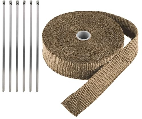 LKRXW Hitzeschutzband Auspuffband Glasfaser Auspuff Isolierband Motorrad Auspuffkrümmer Band Hitzeschild Thermoband Krümmerband Wickelband Titan 2,5CM x 5M mit 6 Kabelbinder