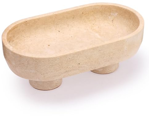 OLegei Bol à fruits ovale en travertin Beige Naturel, Plateau de Rangement pour Bijoux bol décoratif Plateau de Service pour centre de table 25 * 14 * 9cm