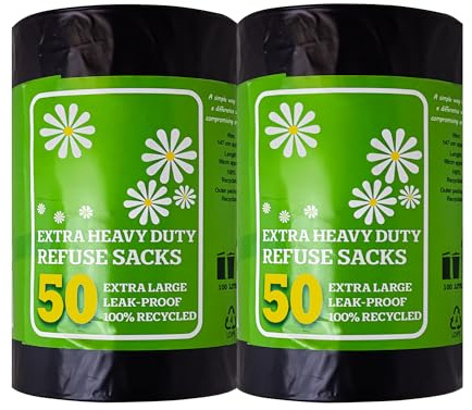 KMJ® 100 Heavy Duty Black Bin Bags – 33 Micron Strong Black Bag Refuse Sacks – Extra Strong Bin Bags – Bin Liners for Rubbish, Garden & Household Waste – 100L Garbage Bags- Size 99L x 147D Cm