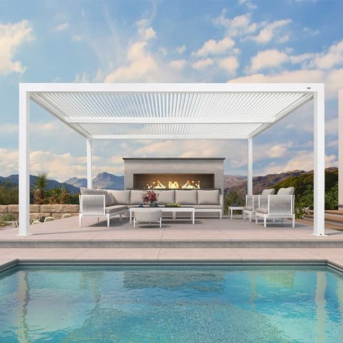 Pergola bioclimatica regolabile in alluminio, 4,8 x 3,68 m, 17,66 m², con tetto a feritoie, per terrazza e terrazza, elegante design bianco