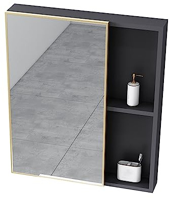 Armadietto da parete in alluminio grigio scuro con specchio, 55 x 60 cm, soluzione elegante con specchio, ideale per piccoli spazi e design moderno