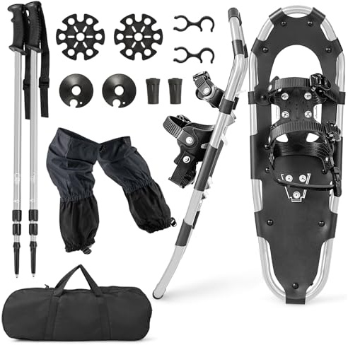 COSTWAY Set de Raquettes à Neige 4 en 1 Aluminium | Chaussures Neige Randonnée avec Bâtons Réglable Sac Transport Pointure 35-45, Charge 30-130kg, pour Adultes Jeunes