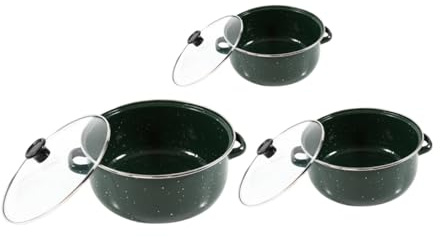 INOOMP 3 Stück Emaille Topfset mit Deckel Grüner Suppentopf Retro Leicht und Tragbar für Zuhause und Büro Leicht zu Reinigen