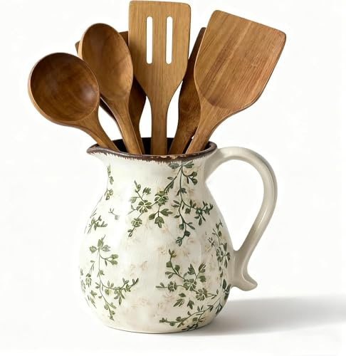 LFGKeng Rustic Ceramic Utensil Holder, 6.1Farmhouse Cooking Utensil Holder | Utensil Organizer Crock with Handle for Kitchen Counter, Vintage Countertop Home Decor, Flower Pot, Spoon Tool Tray