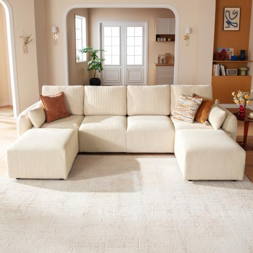 JINOVIA Modulares Wohnlandschaft Ecksofa 324cm, modernes Cord-Schlafsofa in U-Form mit Hocker, individuell konfigurierbare Couch, hochdichter Memory-Schaum, abnehmbare & waschbare Kissenbezüge, Beige