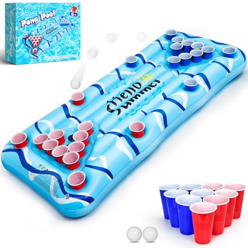 Popolic Pong Galleggiante 175x75cm - Gonfiabile Piscina con 24 Portabicchieri, Materassino Gonfiabile Mare per Adulti, Giochi Piscina Adulti con 24 Bicchieri e 2 Palline, Ideale per Relax Estivo