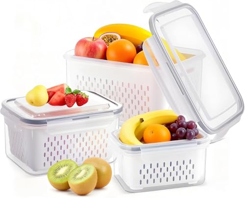 Set of 3 Fruit Storage Containers for Fridge with Removable Colander, Stackable Fridge Storage Containers with Airtight Lids, Leakproof Fridge Organizer Bins for Salad Fruit Vegetables Meat Keeper