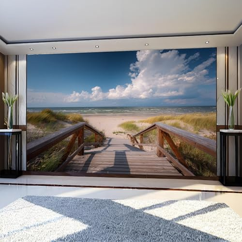 Fotomural paseo marítimo de la playa 300 x 210 cm Hierba Verde Papel Pintado Tejido No Tejido Decorativo con Diseño Fotográfico Moderno