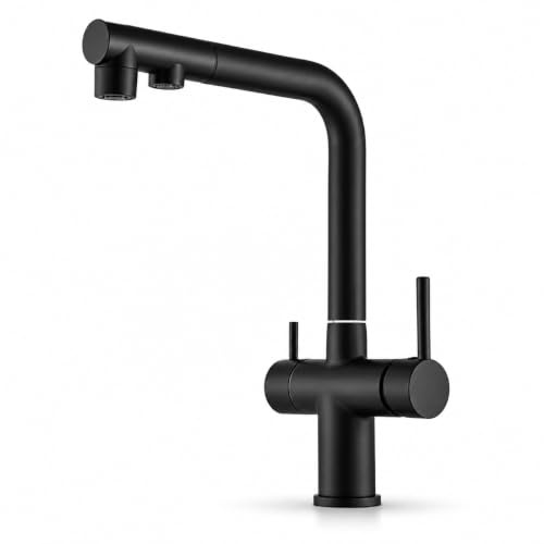 Ari Rubinetto da cucina a 3 vie con doccetta estraibile, connettore filtro acqua, girevole a 360°, miscelatore per lavello, nero opaco, Venom Pull Out