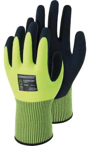 Leibwächter Comfort Arbeitshandschuhe 12er Pack Latex leuchtgelb Gr. 8 | Sicherheitshandschuhe Polyester, 2-fach Latex-Mikroschaum, atmungsaktiv, EN 388 Cat. II, Bau & Montage, 15 Gauge