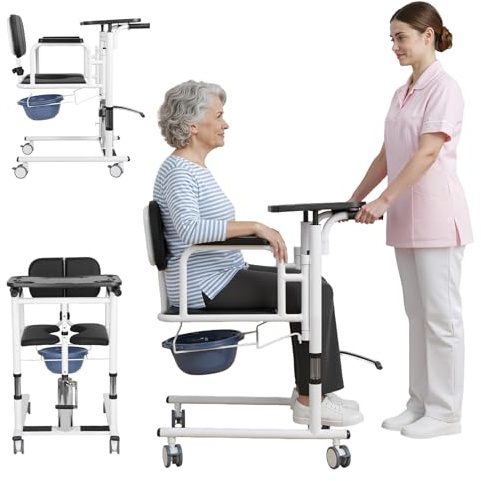 Fauteuil Transfert Hydraulique, 180°, Chaise Percée 5 en 1, 200kg | Dossier ouvrant 180°, Transfert latéral, 5en1 douche percée fauteuil, Réglable, Tablette seau inclus, EHPAD maintien domicile