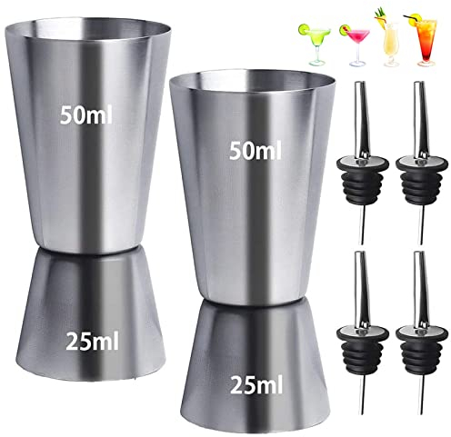 2Pcs Spirit Measures 25ml 50ml, Stainless Steel Shot Measure Alcohol Gin Jigger Bar Craft Dual Drinks Measure Cup with 4Pcs Freeflow Pourers