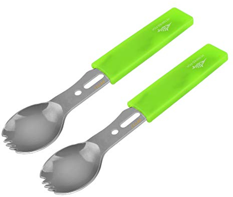 Multifunktional Spork Titan 2 Stück Multifunktionslöffel Edelstahl Löffel Gabel Flaschenöffner Multi-Tool Überlebenswerkzeug für Camping ZSSZ-02 (Silber, Grüne Abdeckung)