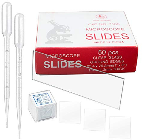 50 vorgereinigte Mikroskopklingen mit poliertem Rand, 100 vorgereinigte Objektabdecklamellen und 2 Kunststoff-Pipetten