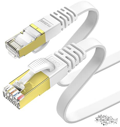 KASIMO Cat 7 Ethernet-Netzwerkkabel, 30 m, flach, 10 Gbit/s/600 MHz, SFTP-LAN-Kabel mit vergoldeten RJ45-Steckern, Weiß
