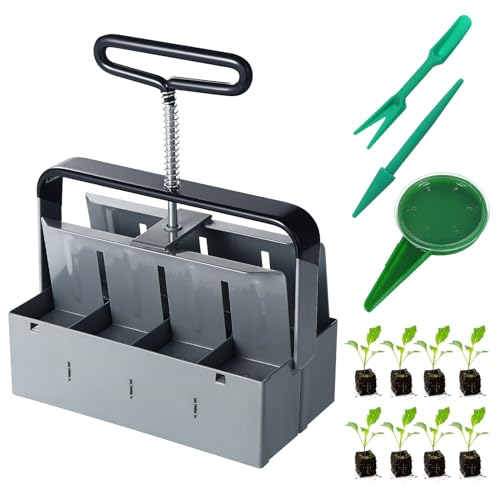 Moendergo Presse à motte manuelle，2 Bloqueur de sol avec kits d'outils de semis, kit d'outils de plantation pour la plantation, le semis, la culture, la serre de jardin(8Pcs)