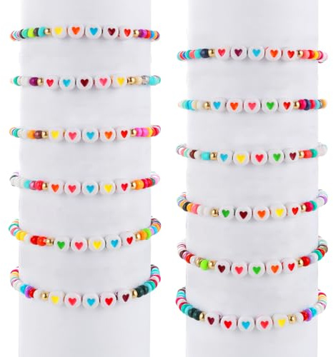 Prasacco 12 Pcs Friendship Bracelets - Colorful Beads, Love Heart, Letter Beads, Motivational for Women, Adults