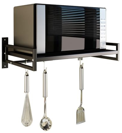 ABCOOL Wandmontage Mikrowellenofen Regal Rack für die Küche zu Hause, Carbon Stahl Counter Countertop Halter mit Haken Schiene und 3 verschiebbare Haken