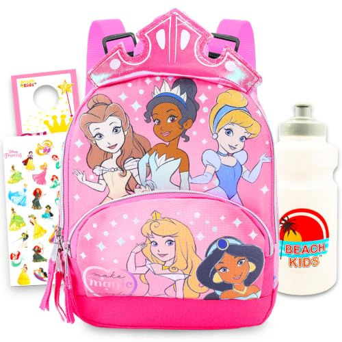 Disney Juego de mini mochila de princesa. El paquete incluye mochila con arnés de princesa Mini Disney de 10 pulgadas, botella de agua, calcomanías, más | Correa Disney para niños pequeños