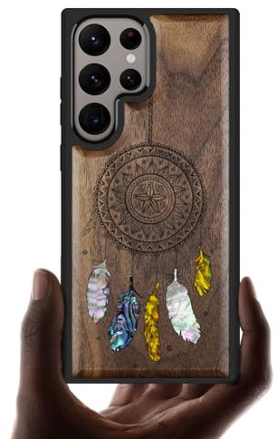 Carveit Designer Wooden Case for Samsung Galaxy S24 Ultra Case [Wood Engraving & Shell Inlay] Compatible with Wireless Chargers S24 Ultra Case (Dreamcatcher's Embrace-Walnut)