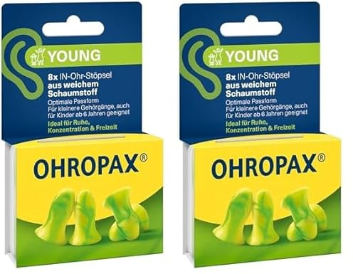 OHROPAX Young Ohrstöpsel – für Ohren mit kleineren Gehörgängen – IN-Ohr-Stöpsel aus weichem Schaumstoff – Schalldämmwert SNR 35 dB – ideal für Ruhe, Konzentration und Freizeit – 8 Stück