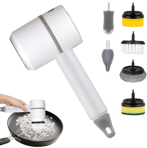 Limpiador eléctrico inalámbrico – Cepillo de cocina recargable de mano | 6 cepillos reemplazables para baño, cocina, sala de estar y limpieza versátil para superficies y electrodomésticos del hogar