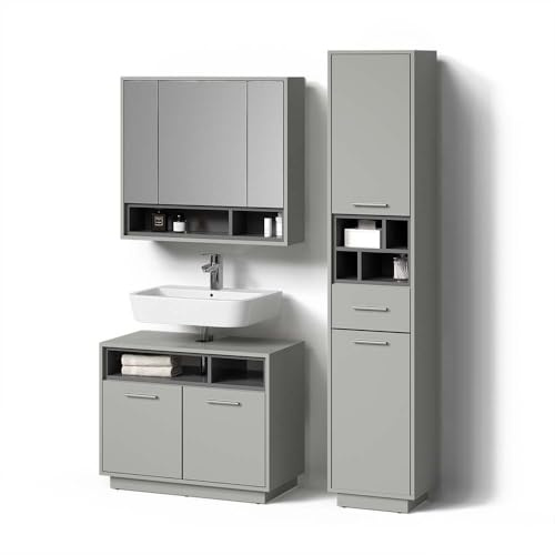 Livinity Conjunto de Muebles de baño Temo, Gris, 3 Partes, con Mueble Alto