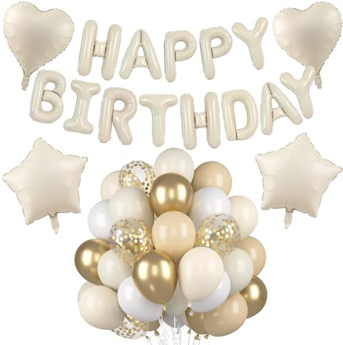 Koboko Creme Weiß Happy Birthday Girlande, Happy Birthday Ballon Beige Set, Beige Ballons Geburtstag, Luftballons Weiß Geburtstagsdeko, Herz Folienballon Geburtstag für Erwachsene Party Deko