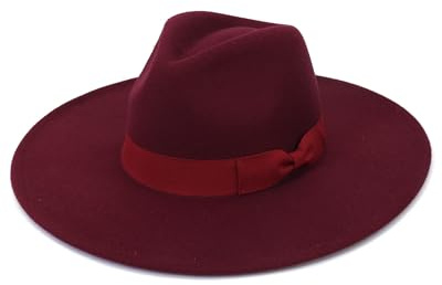 XIUCAI Cappello da Cowboy con Falda Extra Larga Donna, Fedora Elegante, Feltro Lana Mista Derby, con Fascia Fiocco, per Look Casual ed Eleganti,Burgundy