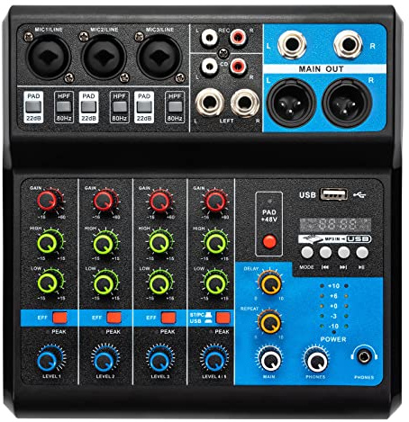 POTYYH Mini Audio Mixer, Profi-Mischer 5 Kanal Stereo Sound Mischkonsole Bluetooth/USB DJ Mischer, 48V Phantomspeisung, für Studio, Bühne, Party, Heimaufnahme