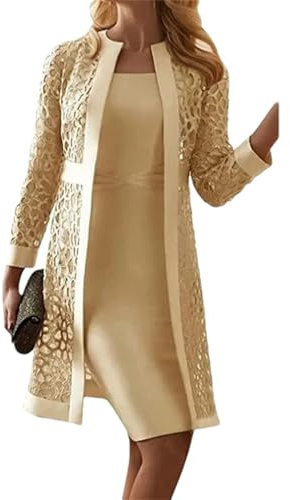 Set di Abito Cardigan in Pizzo da Donna - Elegante Abito a Due Pezzi con Copricostume Aperto sul Davanti Chic Primavera/Autunno (Champagne,4XL)