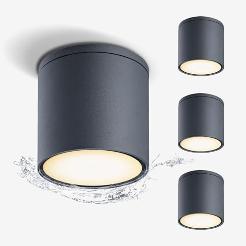 EBION 4er IP54 Wasserdicht Aufbauspot, Deckenspot Aluminium+Glas Aufbaustrahler GU10, 35W, Für Wohnzimmer Flur Küchen, Badezimmer Feuchtraum, Deckenspots Anthrazit(Ohne Leuchtmittel)