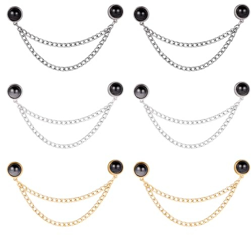 6pcs Magnetic Clothing Clips with Chain, Multi-Function Magnet Button Pins Hijab Cuff Clips for Fixing Hem of Clothes Long Pants Legs Sleeves of Shirts (Gold, Silver, Black)
