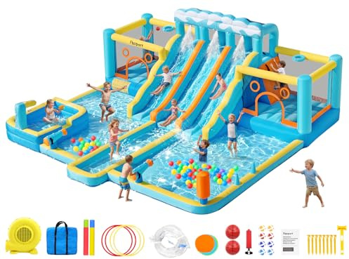 FBSPORT Hüpfburg & Wasserrutsche, 10-in-1 Wasserpark mit 3 Gleiten, 2 Sprungzonen & Kletterwand, 950W Gebläse, Gartenanlage mit Wasserwaffe, Planschbecken & Spielzubehör