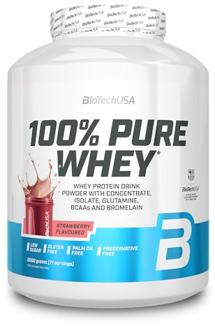 BioTechUSA 100% Pure Whey | Complejo de proteína de suero | Con BCAA y L-glutamina | Enzimas de bromelina | Bajo contenido en azúcar | Sin gluten | 2 kg, Fresa