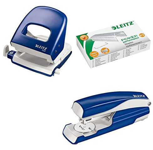 Leitz 5008 NeXXt Series Bürolocher, Metall, bis zu 30 Blatt/Kombi-Set mit Heftgerät + 1000 Klammern extra (blau)