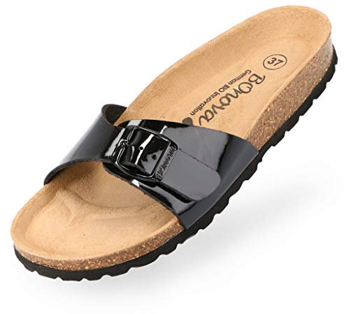 BOnova Damen Pantoletten Teneriffa in Lack schwarz 37, modischer Einriemer mit Korkfußbett - komfortable Sandalen zum Wohlfühlen - hergestellt in der EU