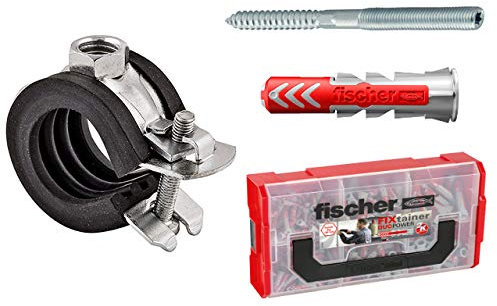 Fischer Gelenkrohrschelle Profi SET 50 Stück Stockschraube STST M8 Dübel DUOPOWER 10x50 Vorteils-Box FIXtainer