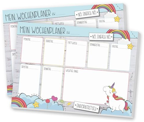 younikat 2er Set Wochen-Kalender Einhorn DIN A5 50 Blatt - dv394 | Mein Wochenplaner mit Notiz-Block Wochenplan Organizer zum Abreißen, 80 g/m² Offset-Papier, organisiert durch den Alltag
