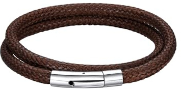 Richsteel Mens Leather Bracelet, Black/Brown Rope Bracelets 18/20/22cm | Hypoallergenic Waterproof Faux Leather Wristband Bracelets 7/7.8/8.6, Single/Layered Can Personalised, With Gift Box