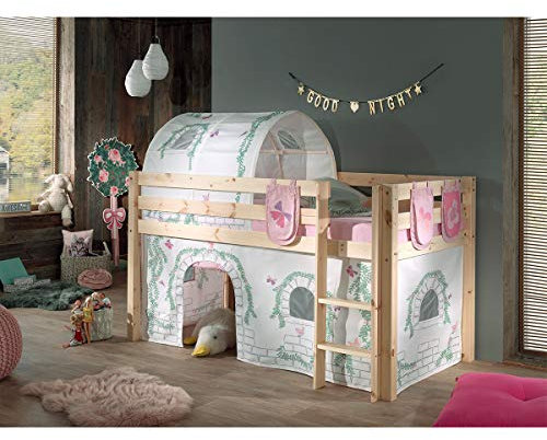 Vipack Spielbett Pino mit Textilset Vorhang, Tunnel und 3 Taschen Birdy Kiefer massiv Natur