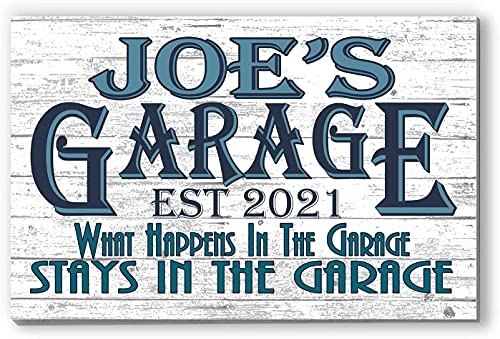 Garage Sign Personalized with Name & Year – Custom Wall Art for Men – Gift for Dad, Husband, Grandpa – “What Happens in the Garage” Quote – 16.5 x 10.5