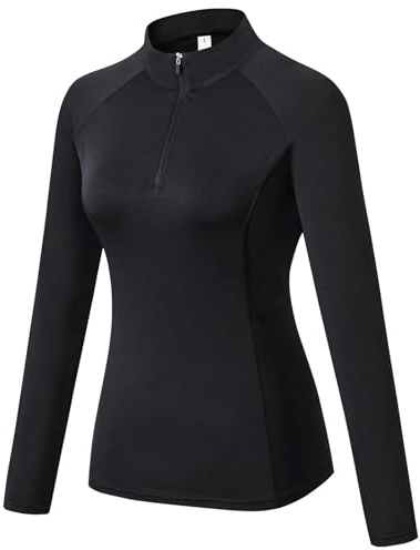 TERODACO Long Sleeve Running Top Womens Half Zip Thumb Loops UPF 50 Ladies Base Layer Top for Hiking Cycling Equestrian Gym Sports Riding Shirts Quick-Drying Breathability Wicking 506 Black S