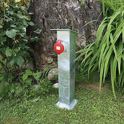 Xenterio Steckdosensäule für Festinstallation, Stahl feuerverzinkt, 1x CEE-Steckdose mit Klappdeckel 32A