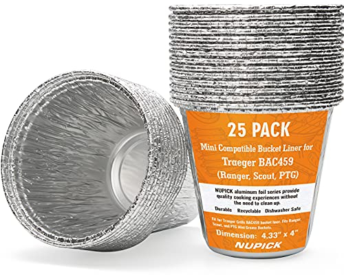 NUPICK 25 Pack Mini Grease Bucket Liner for Traeger Ranger, Scout, PTG, Grill Drip Tray for Traeger BAC459, 4.3 x 4