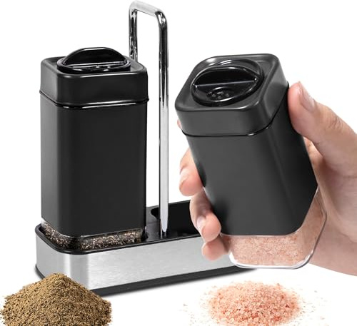Set med svarta salt- och pepparkar med hållare, saltkar med justerbara hällhål, påfyllningsbar krydddispenser i rostfritt stål från Aelga