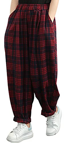 Bifscebn Femmes Décontractée Pantalon Baggy Taille Haute Pantalon à Carreaux avec Poches Red
