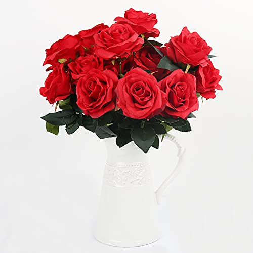 Beluapi bouquet di rose rosse artificiali, 9 teste di fiori finti decorativi in plastica, bouquet da sposa per casa, giardino, festa (stelo dritto rosso, senza vaso)